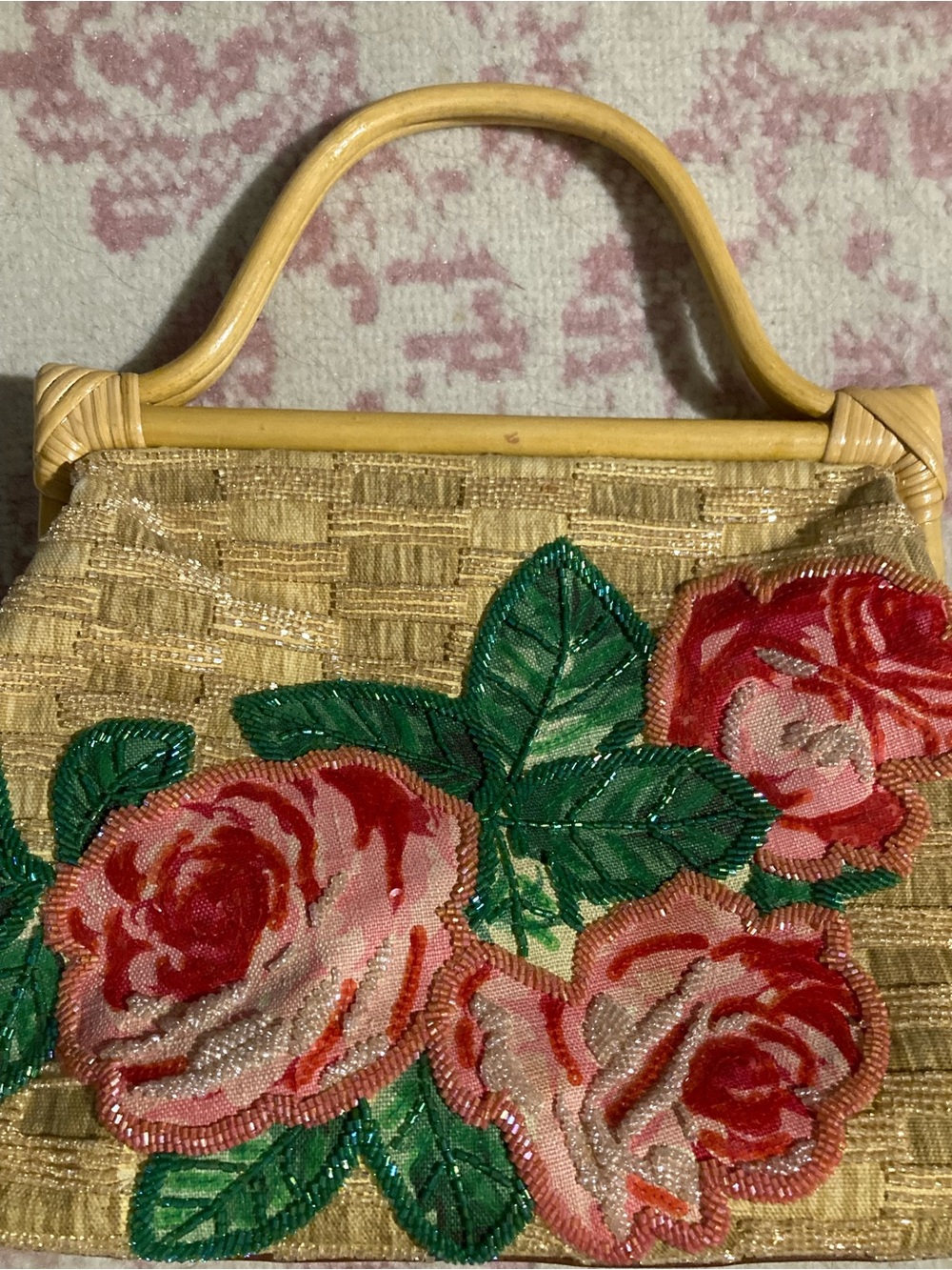 Isabella Fiore Gold Woven Handbag with Pink and Red Rose Embroidery